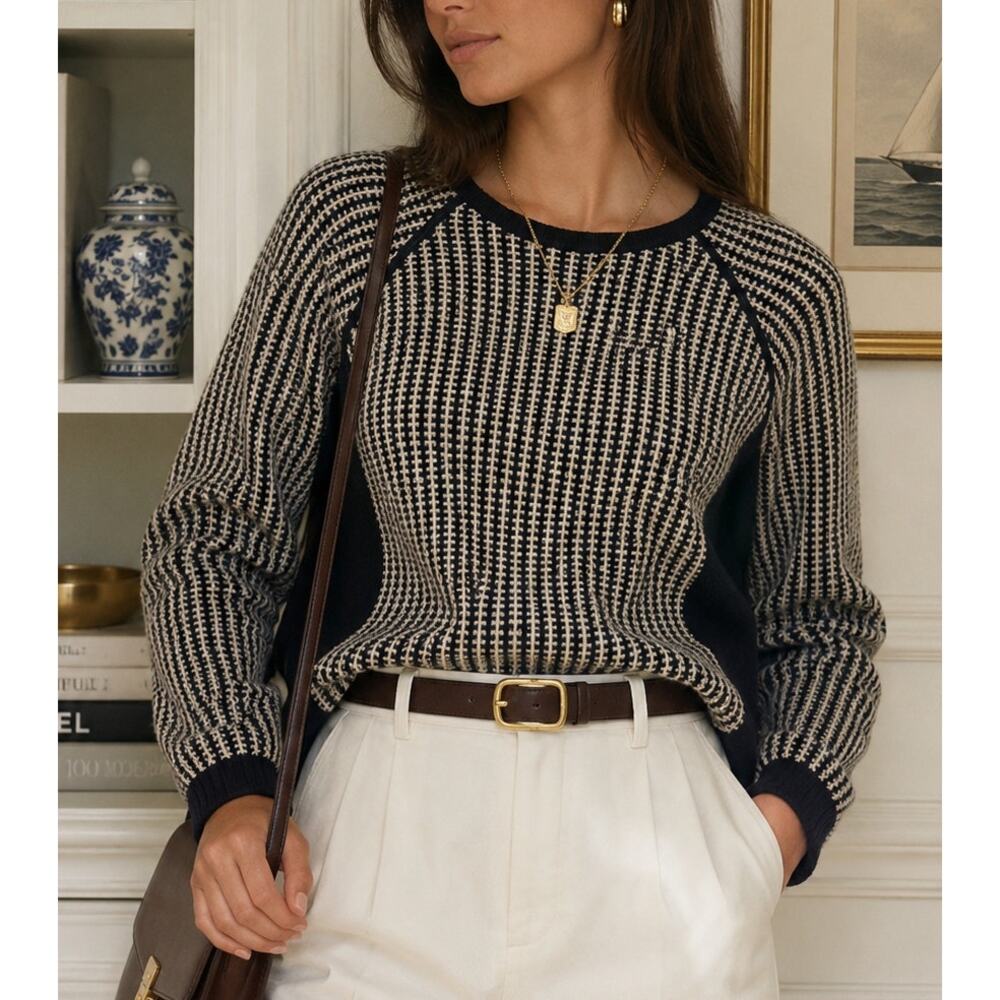 Whistles Black and Cream Knit Crew Neck Sweater